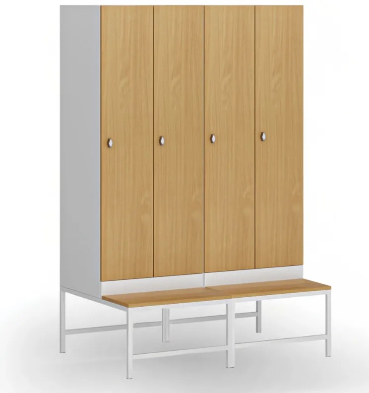 Šatníková skrinka S1 s lavičkou, 2 oddiely, 1875 x 600 x 500/800 mm, demont, otočný zámok, laminované dvere, breza
