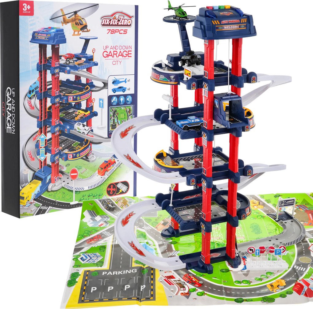 Ramiz Veľká interaktívna garáž pre deti 3+ Elektrický výťah + rohož + 2 kovové autíčka + príslušenstvo