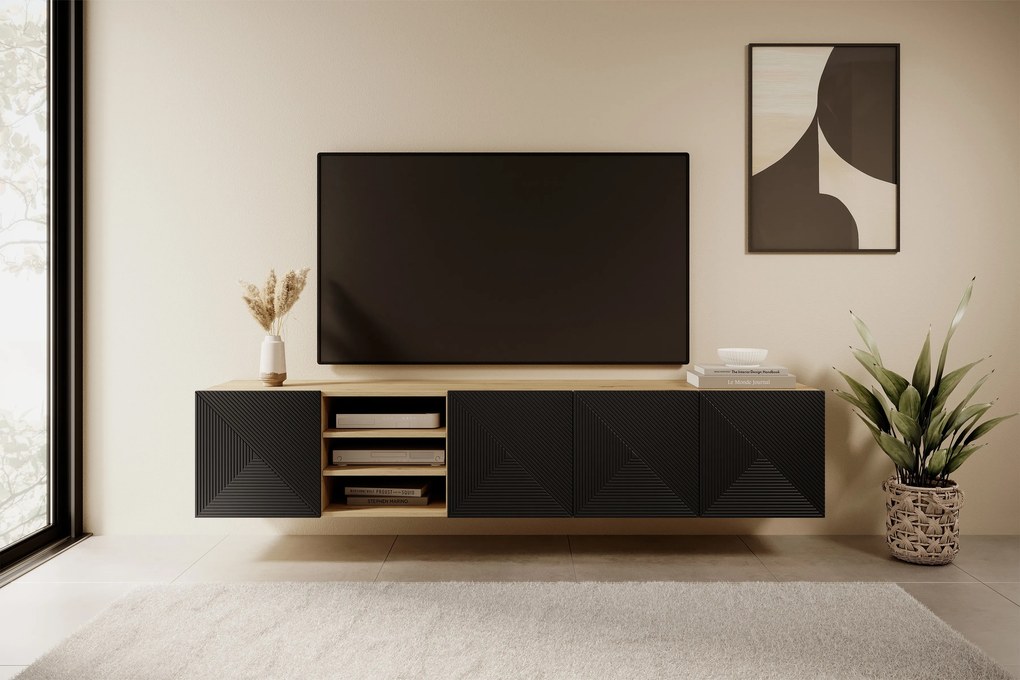 Závesná TV skrinka Asha 200 cm so žliabkovaným čelom s výklenkom - dub artisan / čierny mat