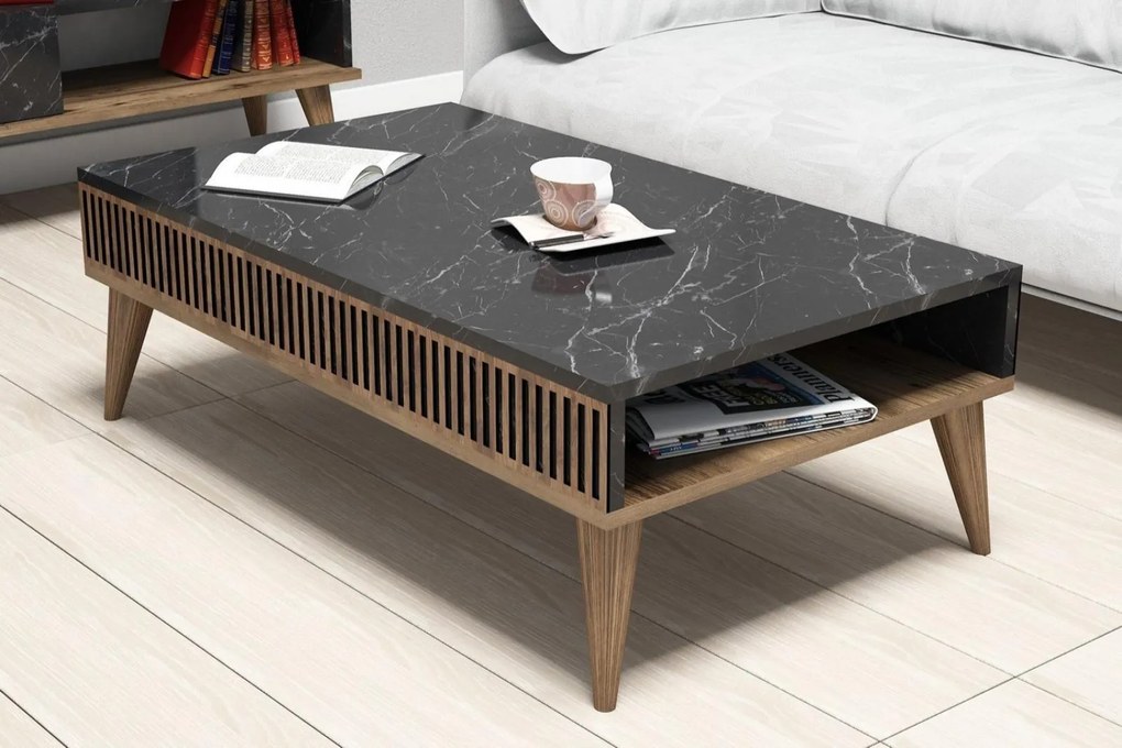 Dizajnový konferenčný stolík MILAN 105 cm, MDF, orechová dýha, mramorový vzhľad