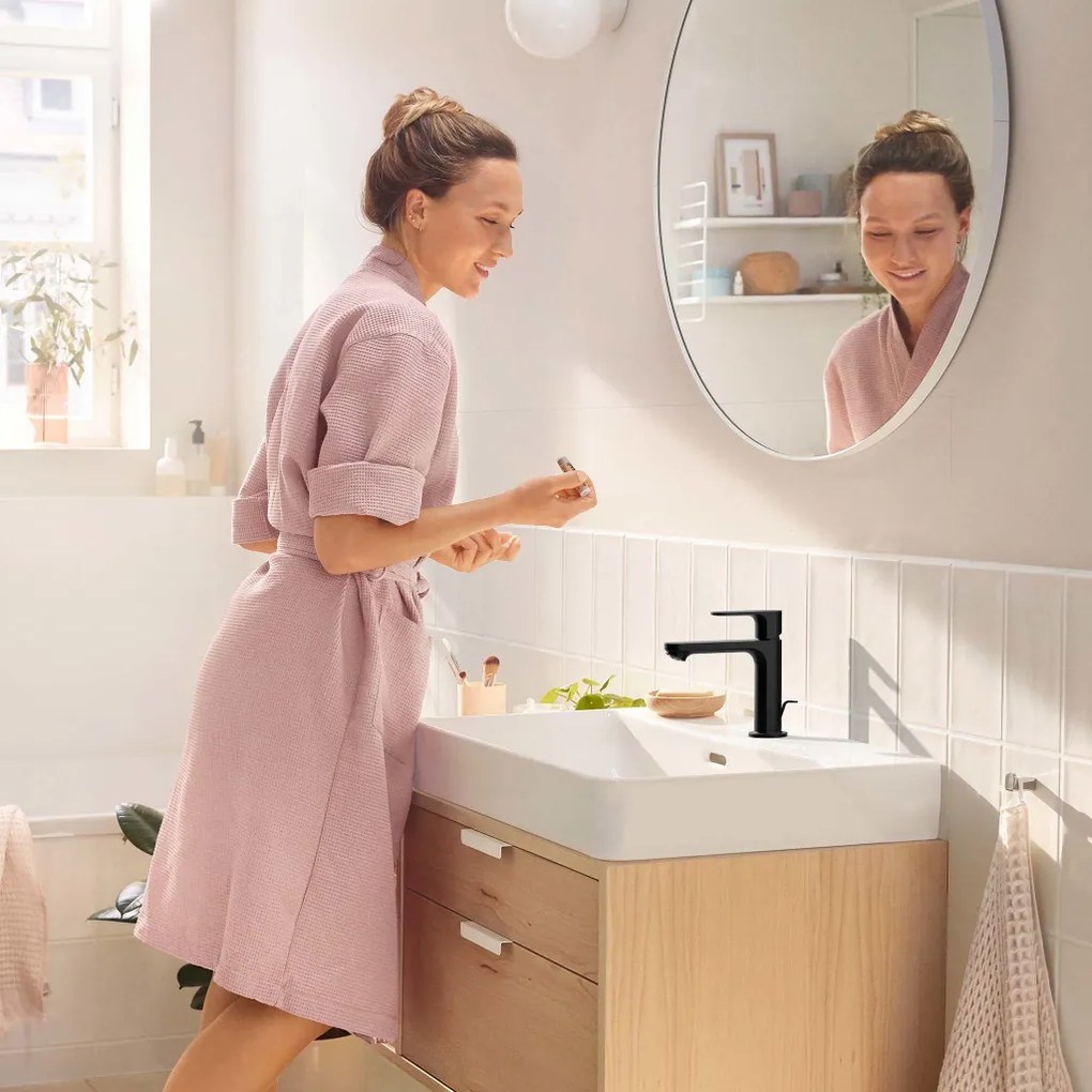 Hansgrohe Rebris S - Páková umývadlová batéria 110 CoolStart EcoSmart+ s odtokovou súpravou s tiahlom, čierna matná 72588670