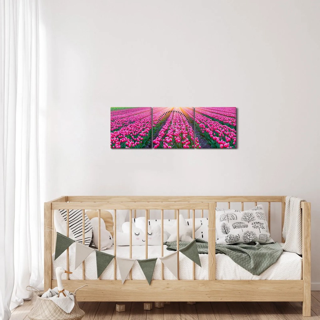 Obraz poľa tulipánov so slnkom (s hodinami) (90x30 cm)