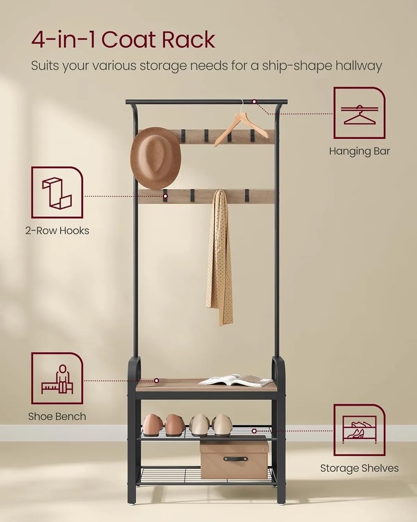 VASAGLE vešiak na kabáty s 9 odnímateľnými háčikmi HSR040K – 33,7 × 72 × 183 cm