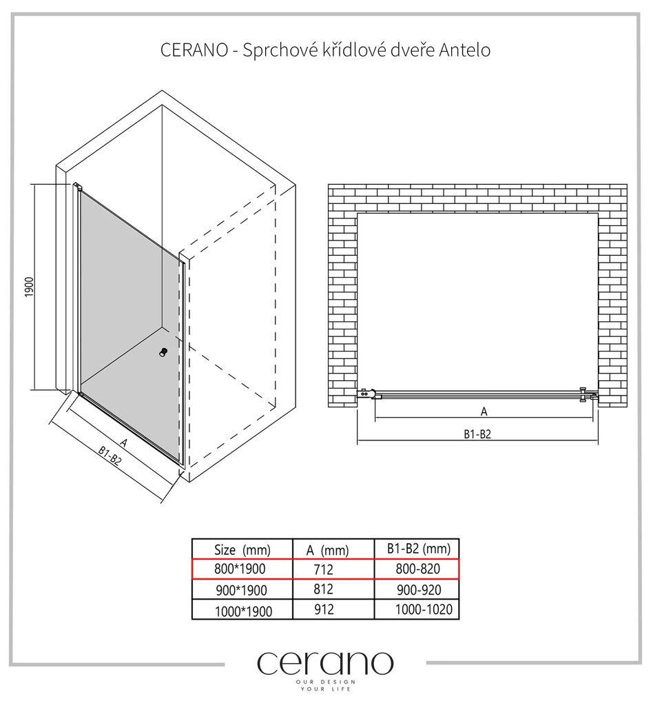 Cerano Antelo, 1-krídlové sprchové dvere 80x190 cm, 6mm číre sklo, čierny profil, CER-CER-432379