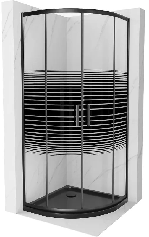 Mexen Rio, štvrťkruhový sprchovací kút s posuvnými dverami 90(dvere) x 90(dvere) x 190 cm, 6mm číre sklo s pásikmi, čierny profil + čierna sprchová vanička Slim, 863-090-090-70-20-4170B