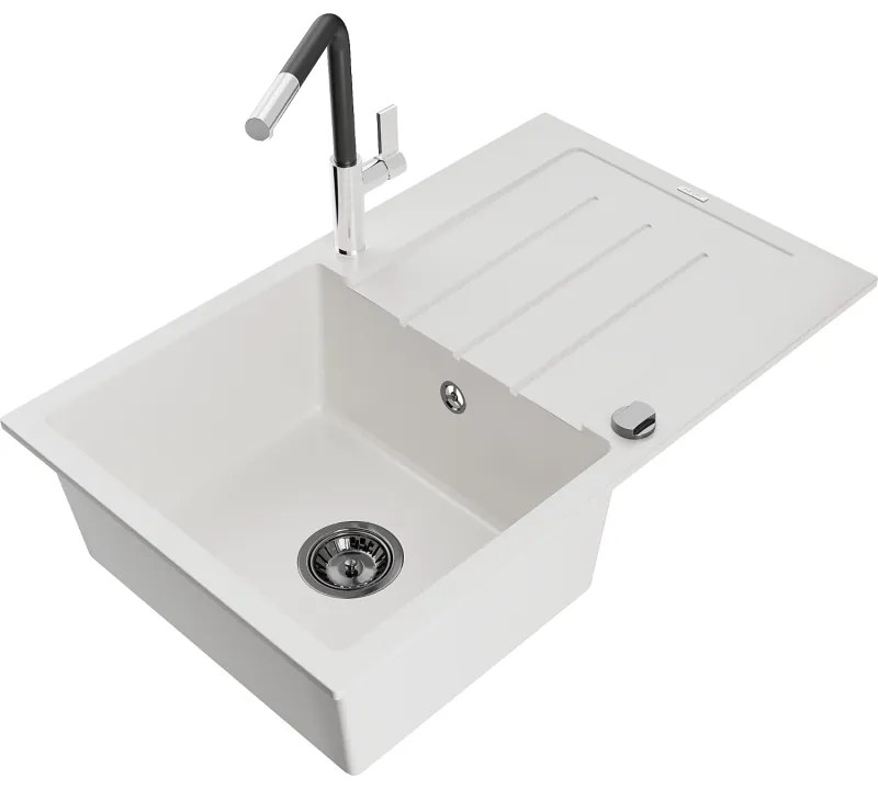 Mexen Bruno, 1-komorový granitový drez 795x495x200 mm a drezová batéria Flora, biela, 6513-20-670401-07-B
