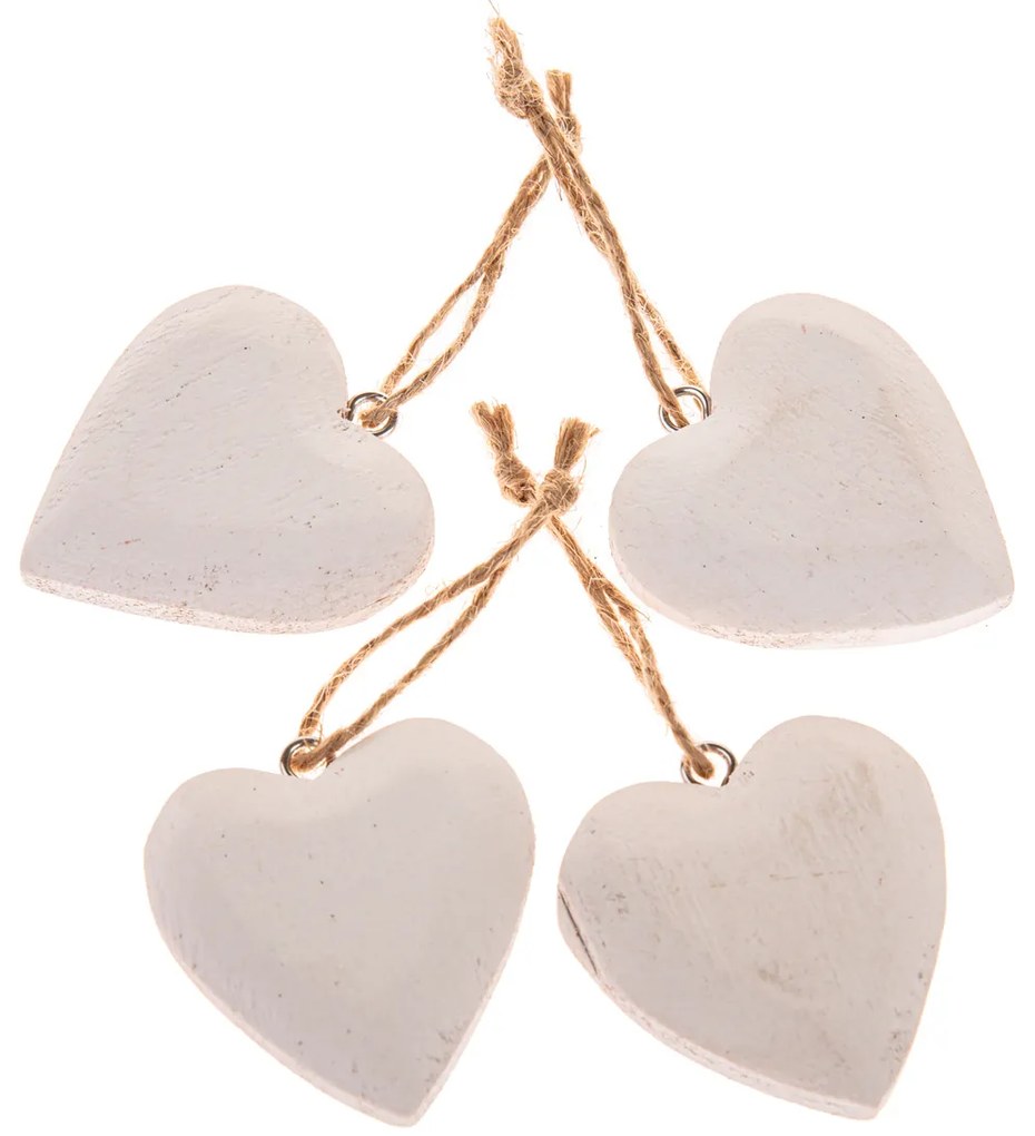Drevené závesné srdce, set 4 ks, biela