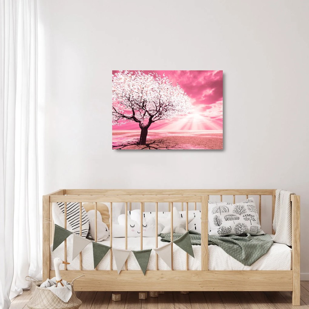 Ružový sklenený obraz stromu (70x50 cm)