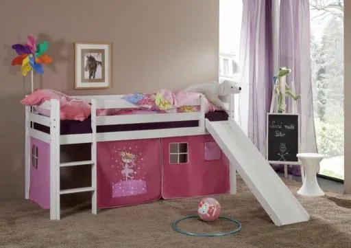 Detská vyvýšená posteľ so šmýkačkou DOMČEK ružový - BIELA