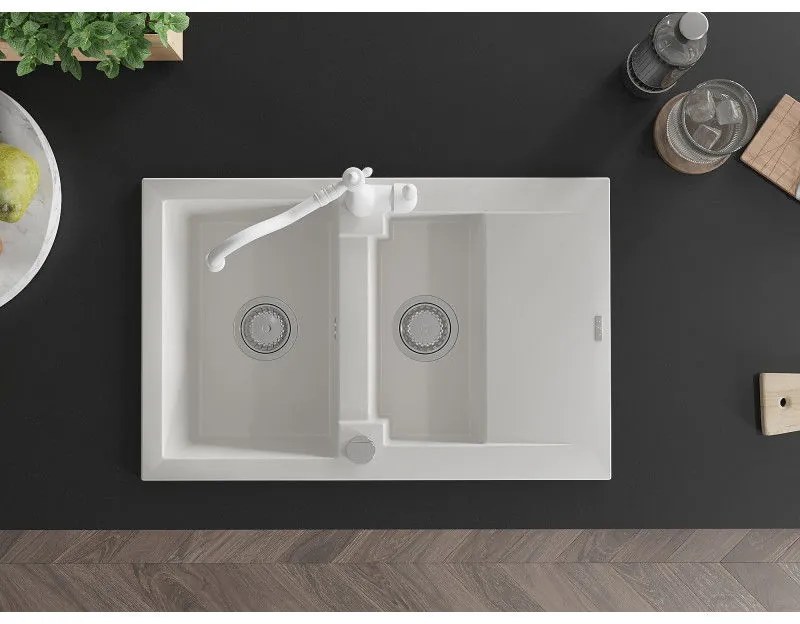 Mexen Gaspar, granitový drez 752x436x161 mm, 1,5-komorový a drezová batéria Carla, biela, 6507-20-670700-20