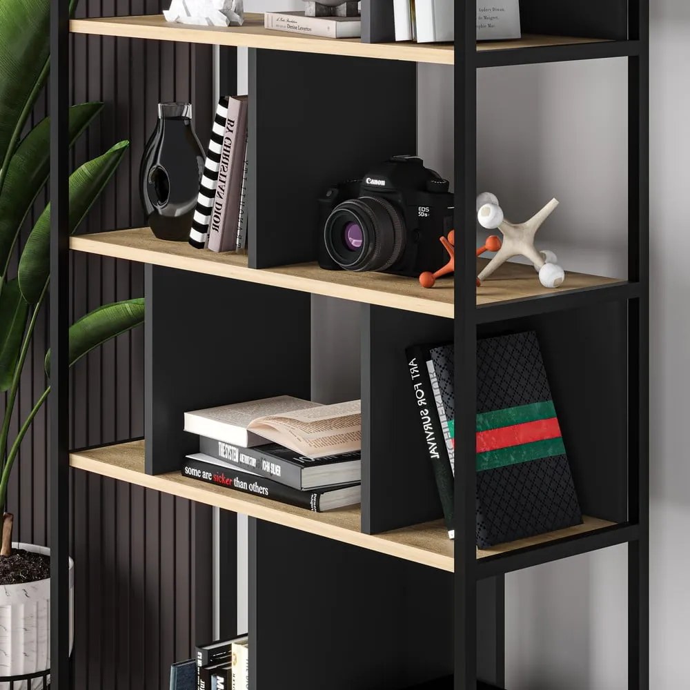 Knižnica v dekore duba v čierno-prírodnej farbe 88x175 cm Alabama – Marckeric