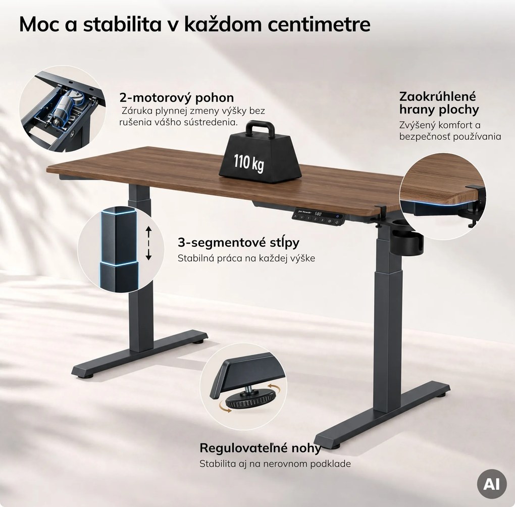 Elektrický stôl s reguláciou výšky ergonomický antracitový/orech,1600x800 mm: ARIA