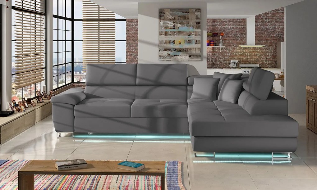 Rohová sedačka Alvin LED, Dostupné poťahy: Ekokoža Soft 011 (čierna) + Lux 06 + Ekokoža Soft 011 (čierna), Strana: pravá