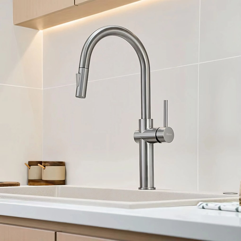 Rea Fresh High, kuchynská batéria s výsuvnou spŕškou, brúsená oceľ, REA-B6330