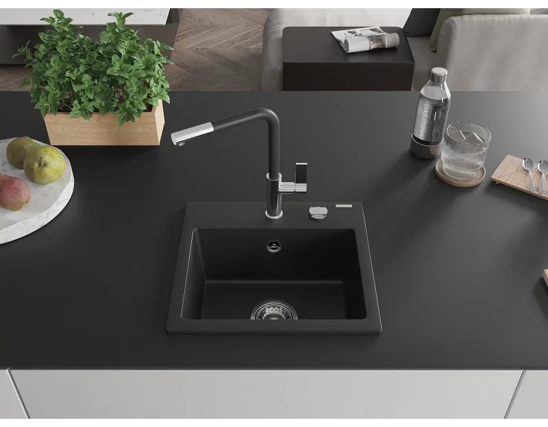 Mexen Milo, 1-komorový granitový drez 435x410x171 mm a drezová batéria Flora, čierna, 6505-77-670401-07