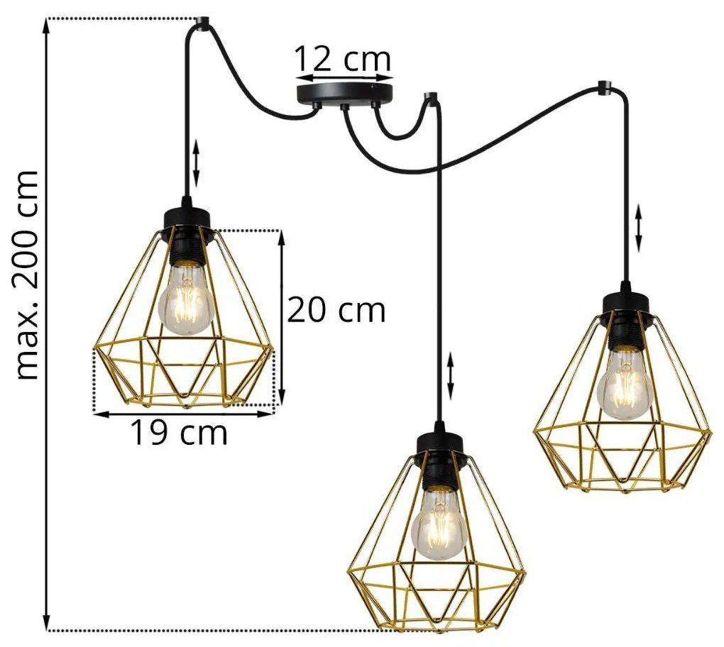 Závesné svietidlo FUSION SPIDER, 3x zlaté drôtené tienidlo