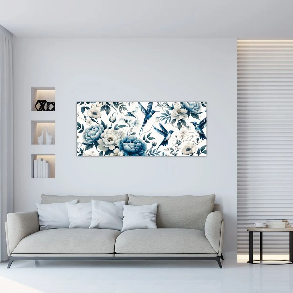 Obraz - Kolibríky s kvetmi (120x50 cm)