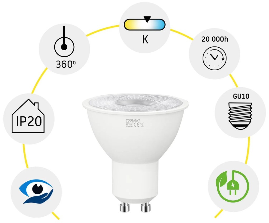 Toolight Toolight, LED žiarovka GU10, 5W, 350lm, 3000K, teplá farba, RSL040, OSW-20022