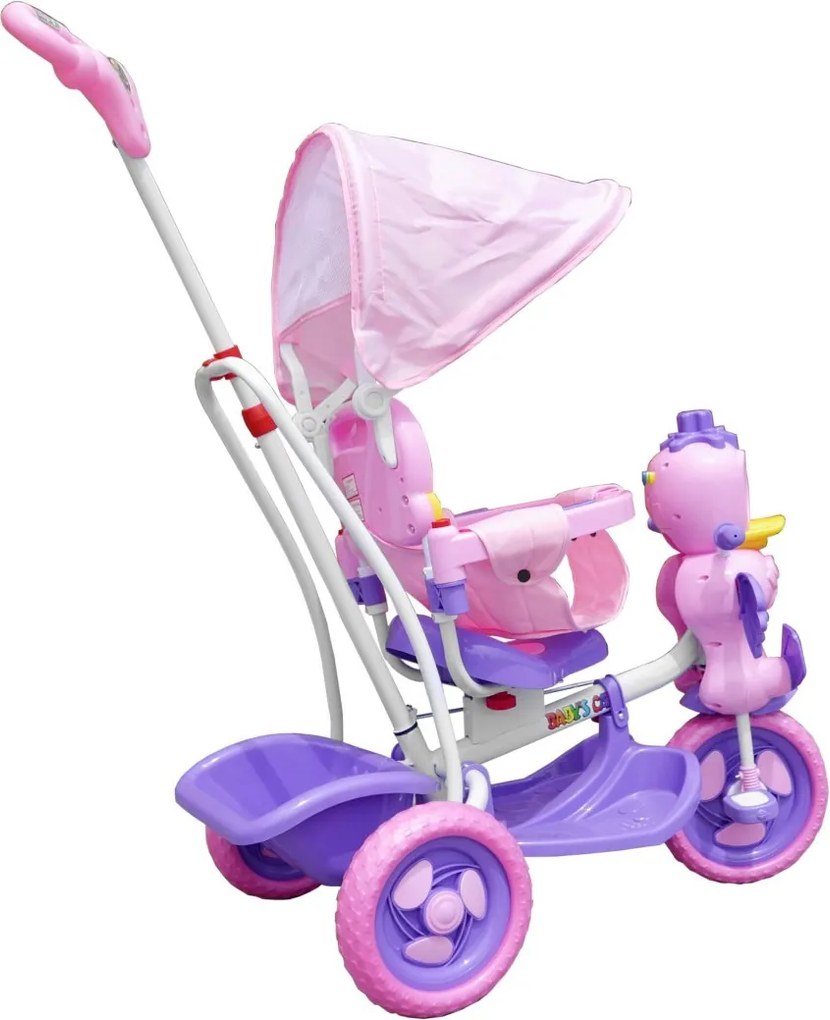 RAMIZ Detský bicykel Purple Duck s 3-kolesovým efektom + zvuky + strecha + bariéra + opierka na nohy + rukoväť + úložný priestor