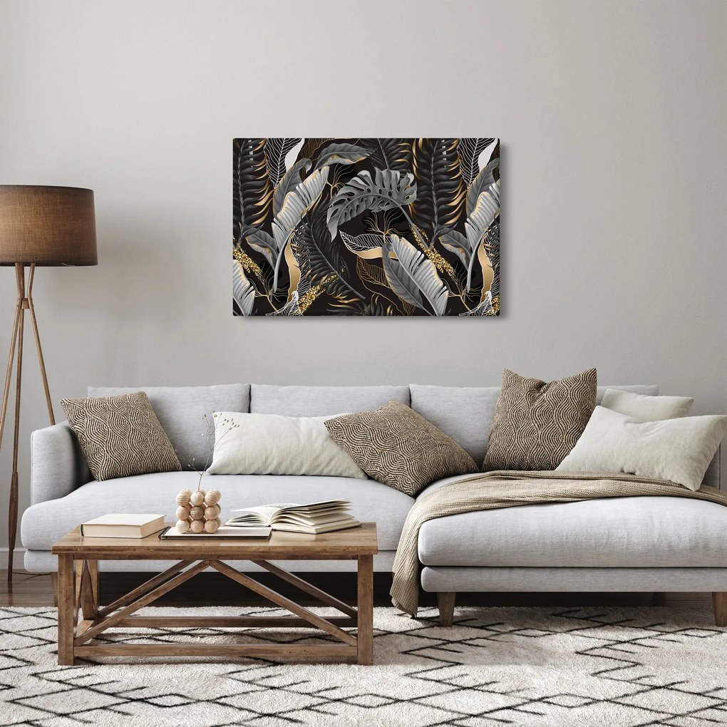 Obraz - Tropické listy v čierno-zlatej (90x60 cm)