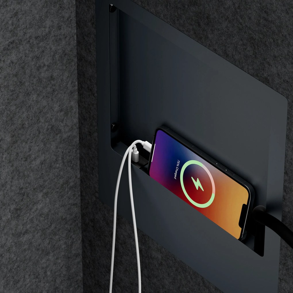 Kancelárska akustická kabína so sedadlom a portom USB-C, telo v antracitovej farbe / sedadlo v tmavosivá farbe, 1150 mm: SALLY MentalBox