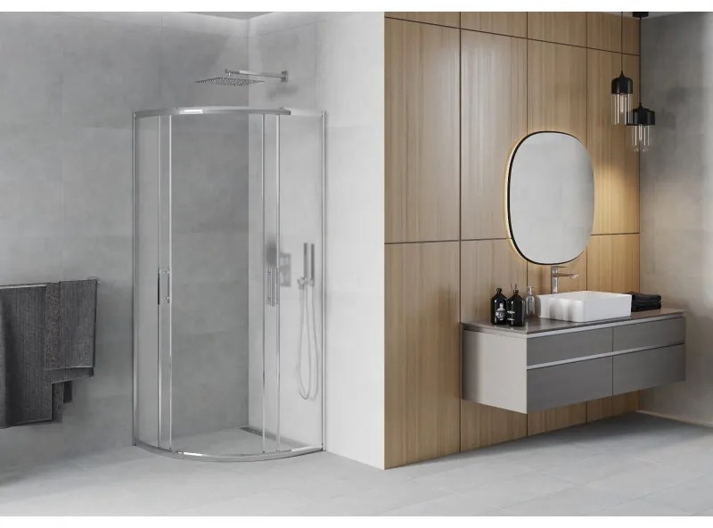 Mexen Rio, štvrťkruhový sprchovací kút s posuvnými dverami 70(dvere) x 70(dvere) x 190 cm, 6mm sklo námraza, chrómový profil, 863-070-070-01-30