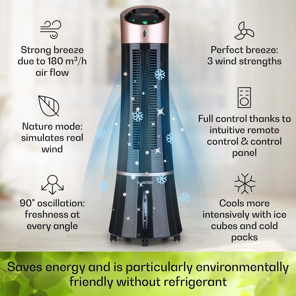 Klarstein Skyscraper Ice, 4 v 1 ochladzovač vzduchu, ventilátor, čistička vzduchu, zvlhčovač, 45 W, 210 m³/h, oscilácia, mobilný, diaľkové ovládanie