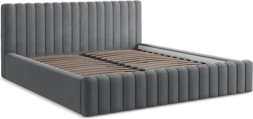 Sivá čalúnená dvojlôžková posteľ s úložným priestorom s roštom 180x200 cm Lemi – Makamii