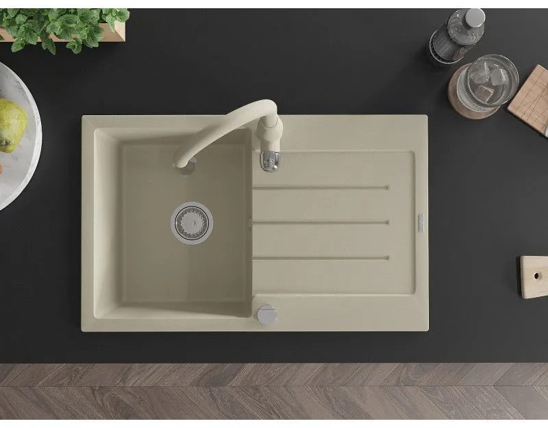 Mexen Bruno, 1-komorový granitový drez 795x495x200 mm a drezová batéria Savita, béžová, 6513-69-672601-69