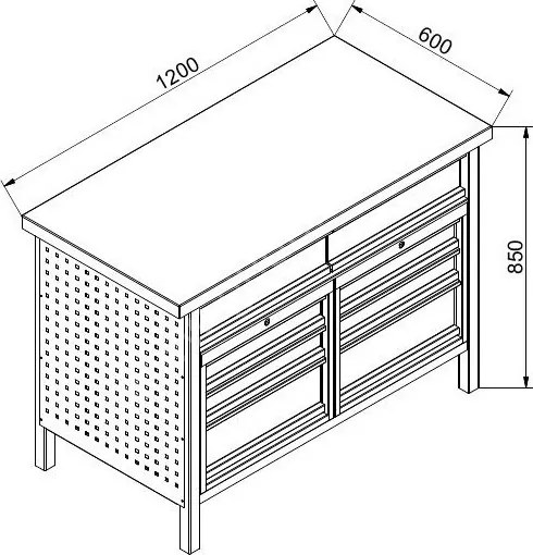 Dielenský pracovný stôl GD, 5 zásuviek, smrek + buková preglejka, 5 zásuviek, 1 skrinka, 1190 x 600 x 850 mm, grafit / červená