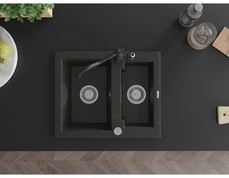 Mexen Carlos, granitový drez 582x475x177 mm, 1,5-komorový a drezová batéria Carla, čierna-zlatá metalíza, 6518-75-670700-70