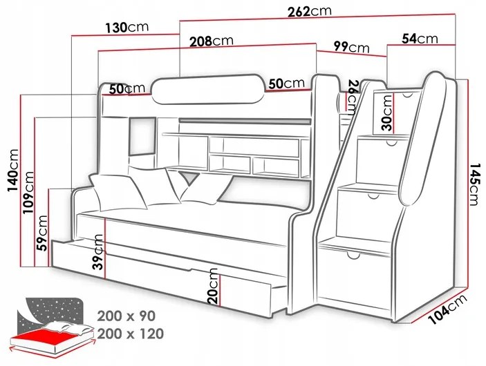Detská poschodová posteľ s rozšíreným spodným lôžkom a šuplíkom SEGAN bielo-šedá - 200x90/120 cm