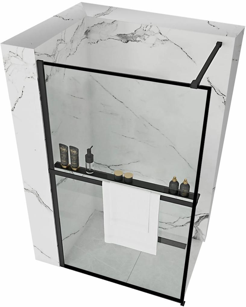 Rea Bler, sprchová zástena 110x195 cm, 8mm číre sklo, čierny matný profil + polica a vešiak EVO, 40913