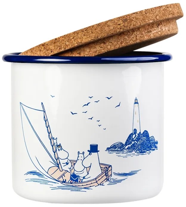 Dóza s vekom Moomins Sailors 1,3l, smalt-korok / modro-bílá