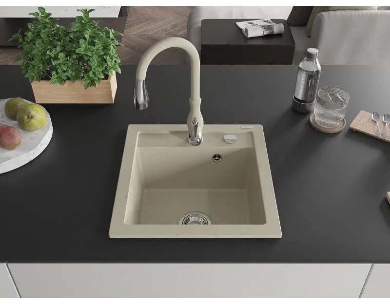 Mexen Vito, 1-komorový granitový drez 520x490x210 mm a drezová batéria Savita, béžová, 6503-69-672601-69