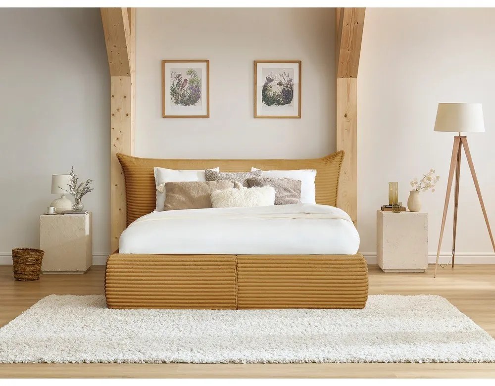 Žltá čalúnená dvojlôžková posteľ s úložným priestorom a roštom 180x200 cm Jade – Bobochic Paris