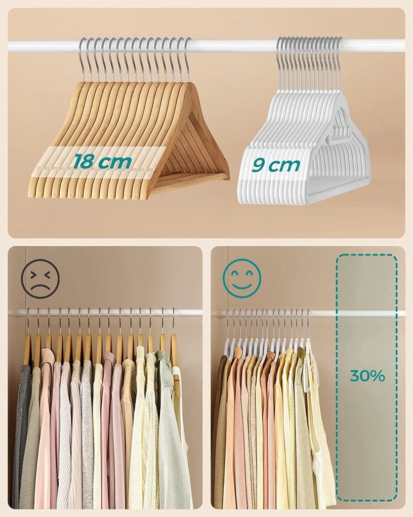 Protišmykové zamatové vešiaky 50 ks, biele