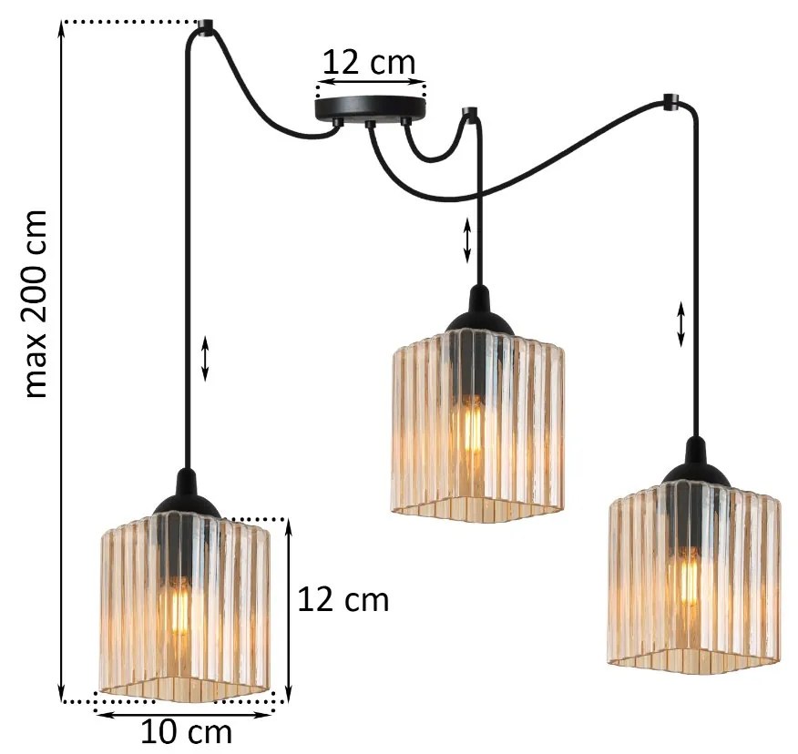 Závesné svietidlo Riffle Square Spider, 3x medové sklenené tienidlo, b