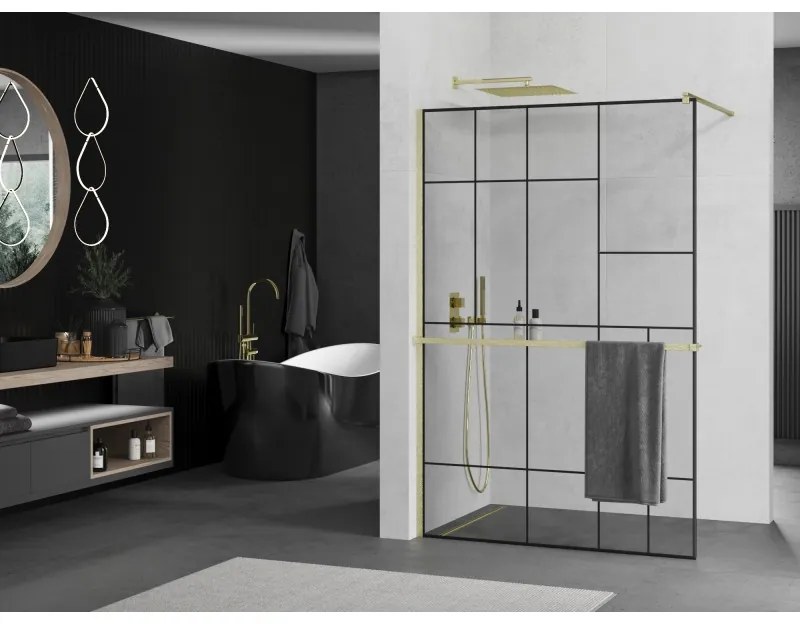 Mexen Kioto+, sprchová zástena Walk-In s poličkou a vešiakom 140 x 200 cm, 8mm číre sklo čierny vzor, zlatý matný profil, 800-140-121-55-78