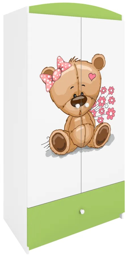 Detská skriňa Babydreams 90 cm medvedík s kvietkami zelená