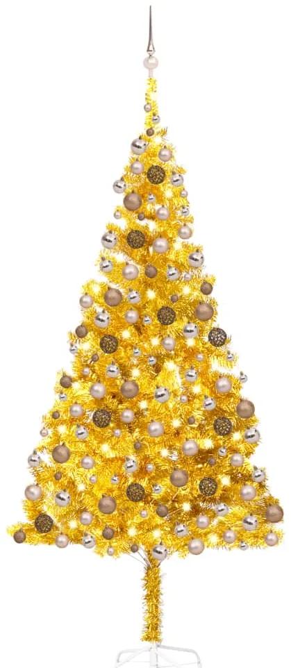 Umelý vianočný stromček s LED a súpravou gulí 210 cm zlatý PET 3077606