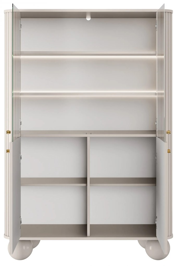 Vitrína Vesper 103 cm štvordverová - kašmír / zlaté úchytky / guľaté nohy