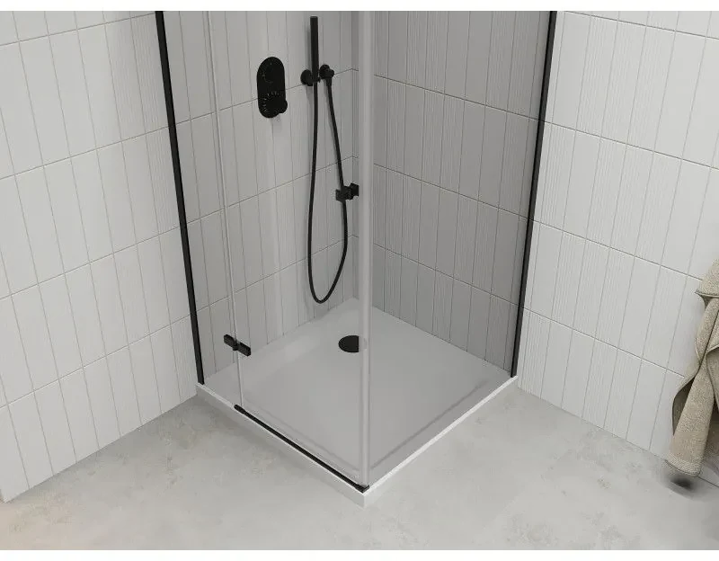 Mexen Roma, sprchovací kút s 1-krídlovými dverami 70 (dvere) x 80 (stena) cm, 6mm číre sklo, čierny profil, slim sprchová vanička 5cm biela s čiernym sifónom, 854-070-080-70-00-4010B