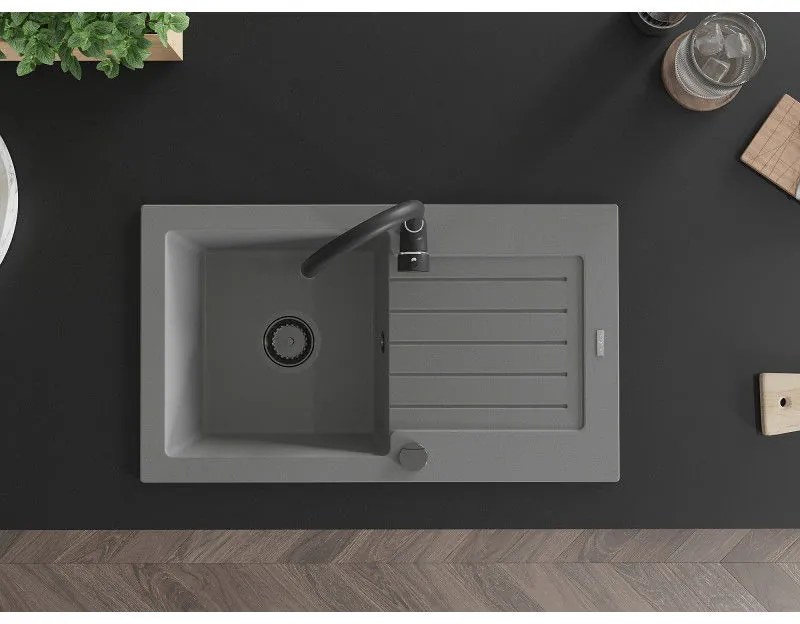 Mexen Pablo, granitový drez 752x436x161 mm, 1-komorový a čierna batéria Telma, šedá, 6510-71-670200-70-B