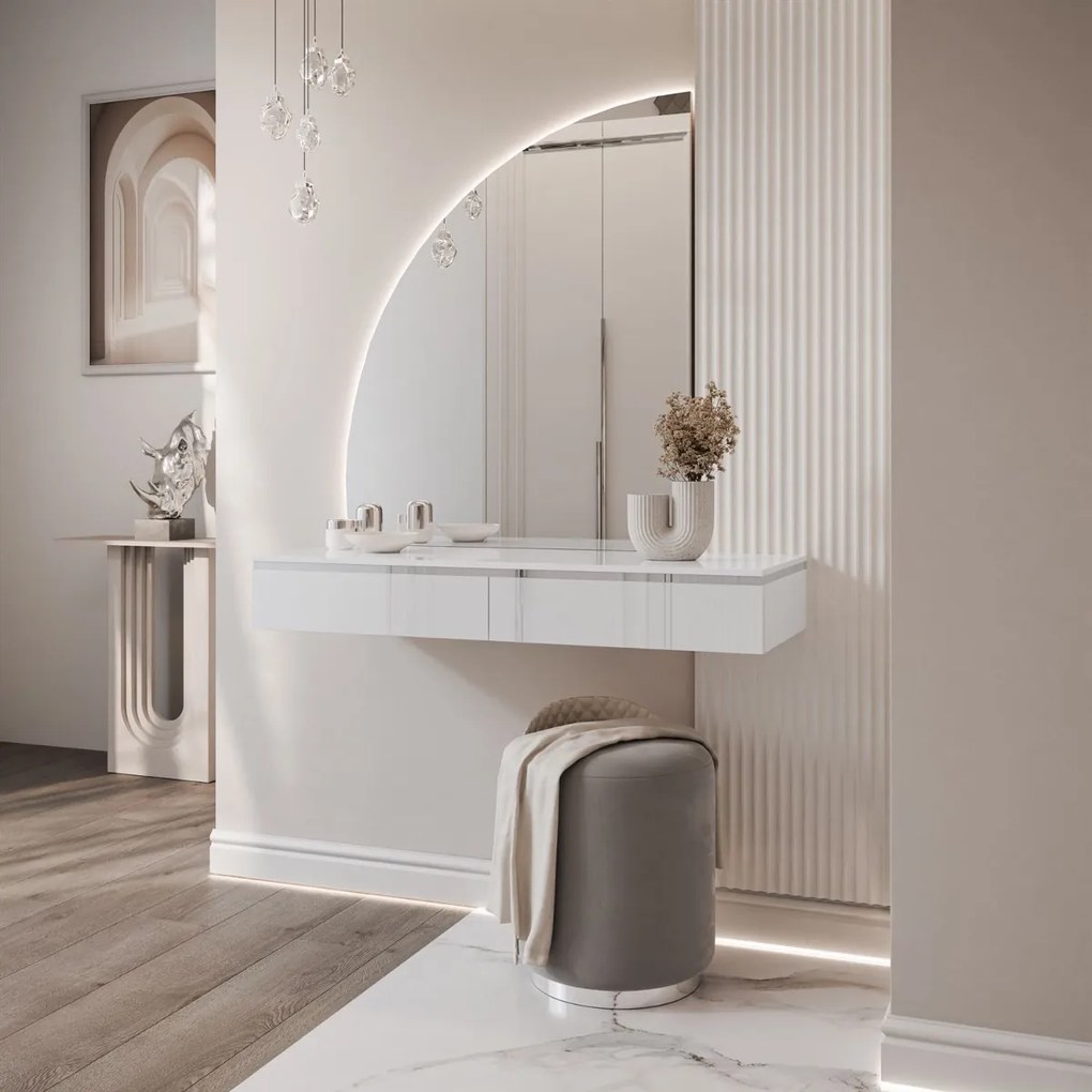 TOALETNÝ STOLÍK NESSIE BIELY LESK + STRIEBORNÝ + ZRKADLO POLMESIAC