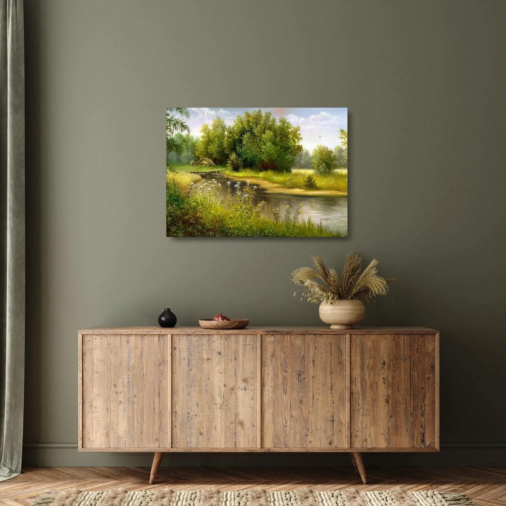 Sklenený obraz - Rieka pri lese, olejomaľba (70x50 cm)