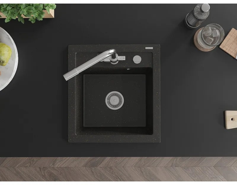Mexen Vito, 1-komorový granitový drez 520x490x210 mm, chrómová batéria Duero, čierna - zlatá metalíza, 6503-75-671600-00