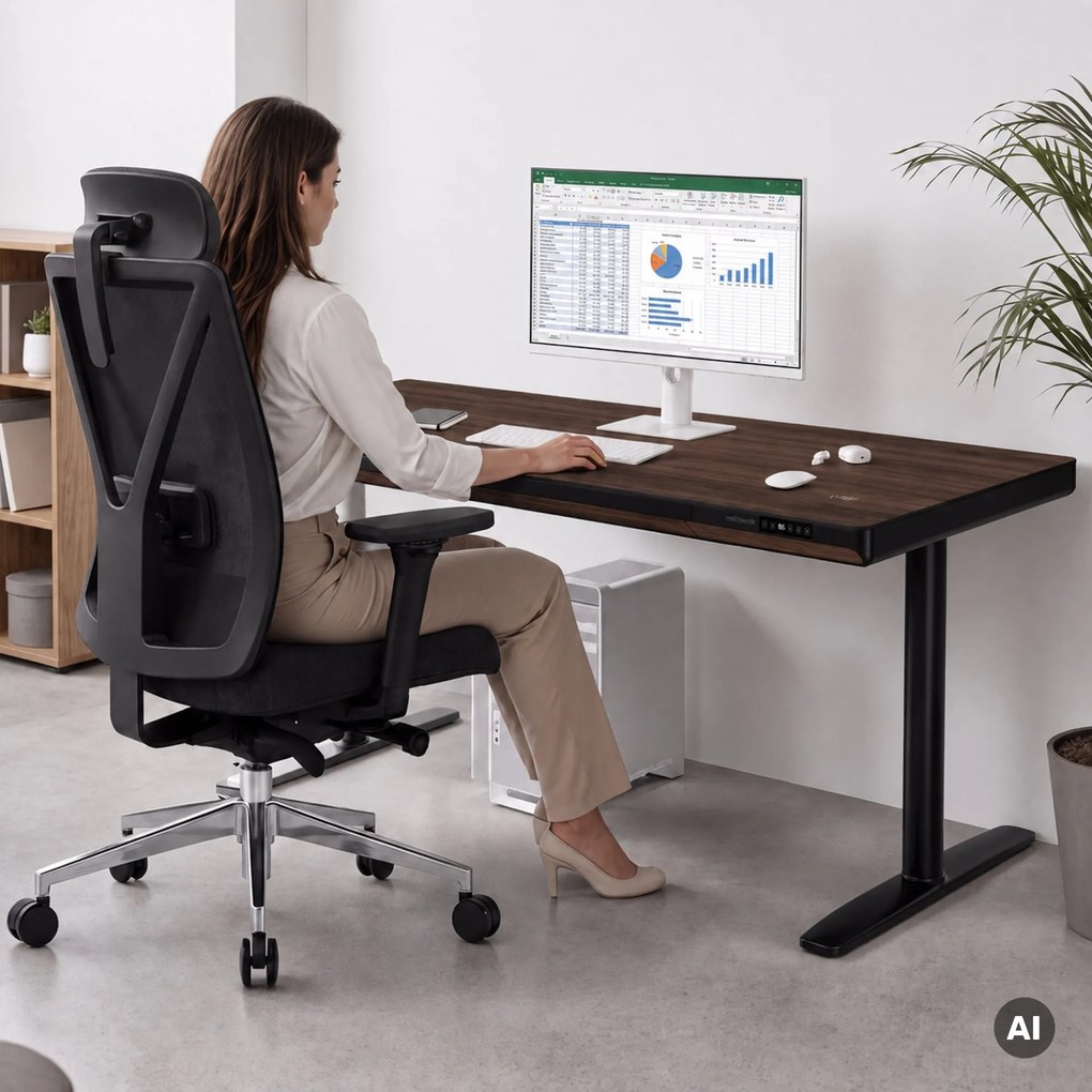 Elektrický písací stôl sit-stand so zásuvkou a bezdrôtovou nabíjačkou Qi čierny/orech, 1600 mm: ELLIS