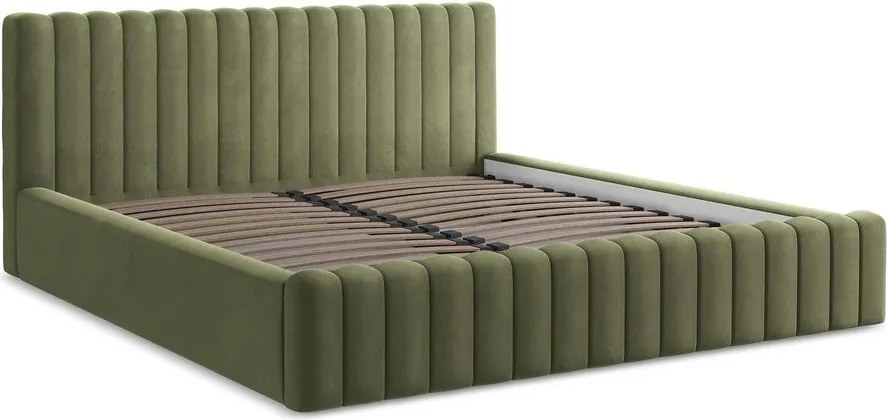 Zelená čalúnená dvojlôžková posteľ s úložným priestorom s roštom 180x200 cm Lemi – Makamii