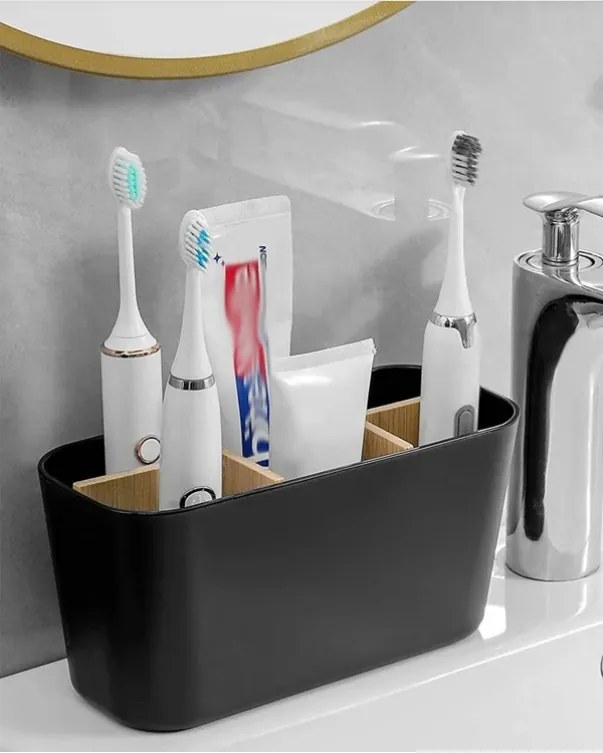 Arte Regal Organizér s bambusovými priehradkami, stojan na kefky, čierny OVEL